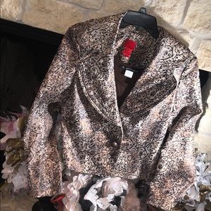 Brown, bronze, and tan colored jacket & shirt.